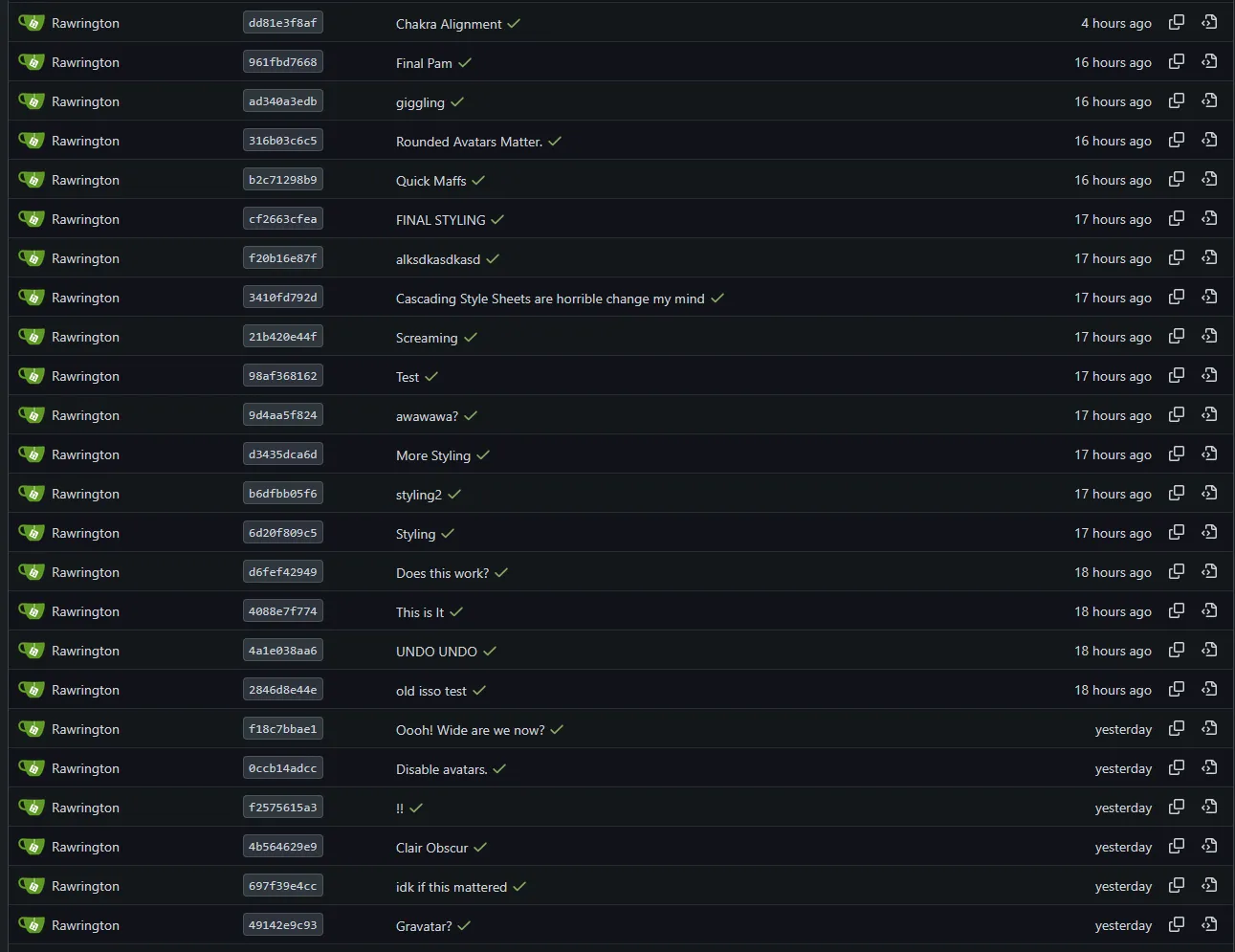 Git commits featuring humurous descriptions such as "Final Pam" and "UNDO UNDO"