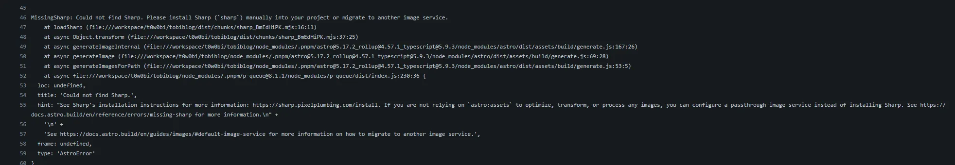 An error linking to an astro page about pnpm requiring sharp to be manually installed for image processing.
